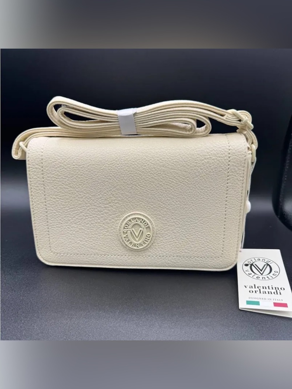 Valentino Orlandi Cream Crossbody with Gold V Medallion